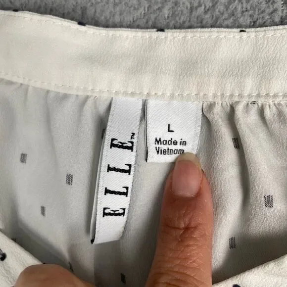 Elle Women’s size Large White Black Polka Dots Pleated  Half Sleeves Blouse - Picture 3 of 13